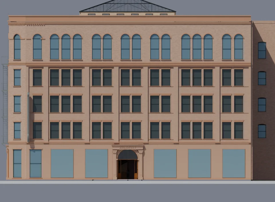 Broadway elevation — lower façade WIP