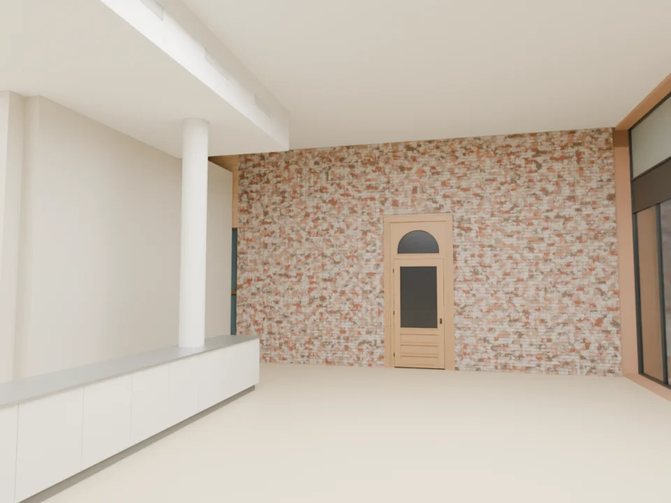 Café — corrected counter and brick-wall viewpoint