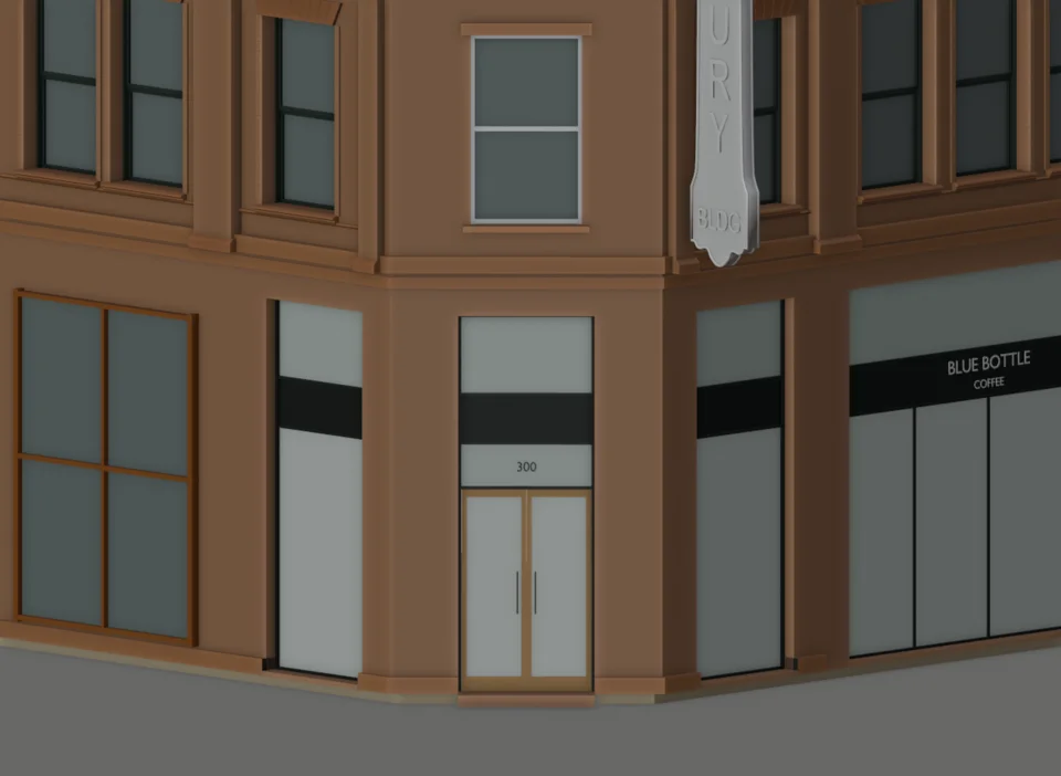 Café corner — doorway and two adjacent display bays