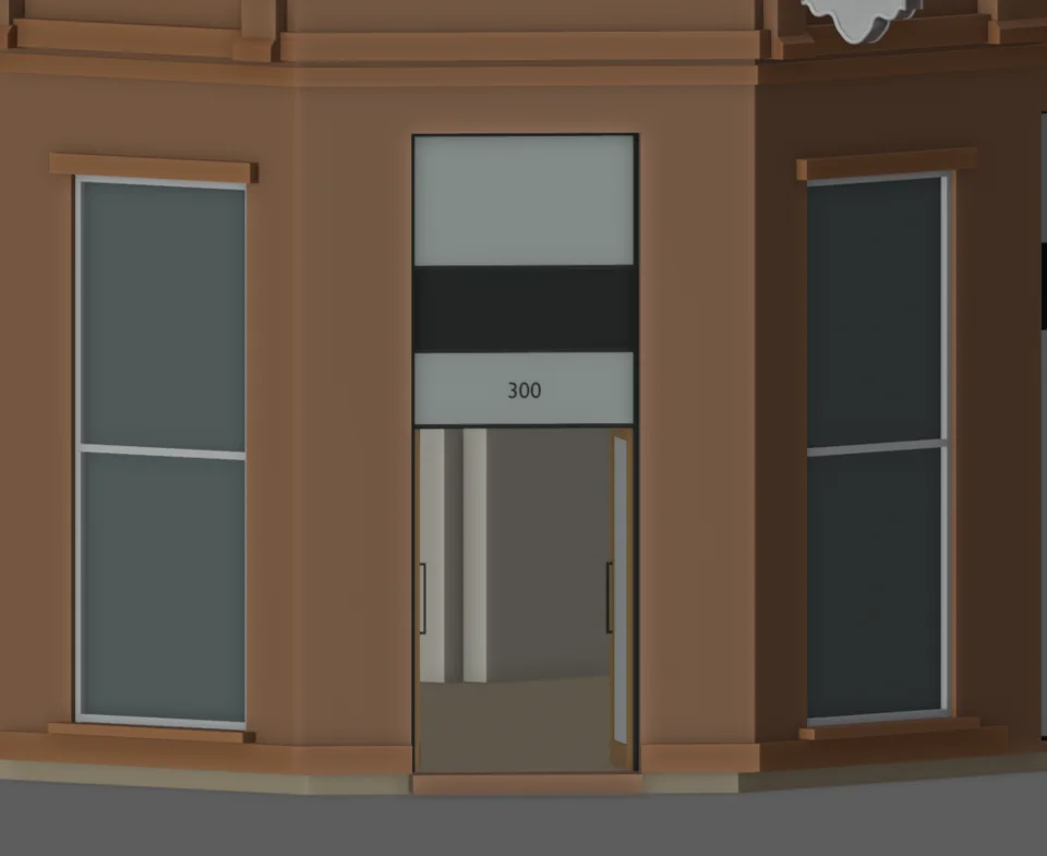 Café doorway — open leaves and visible floor contact