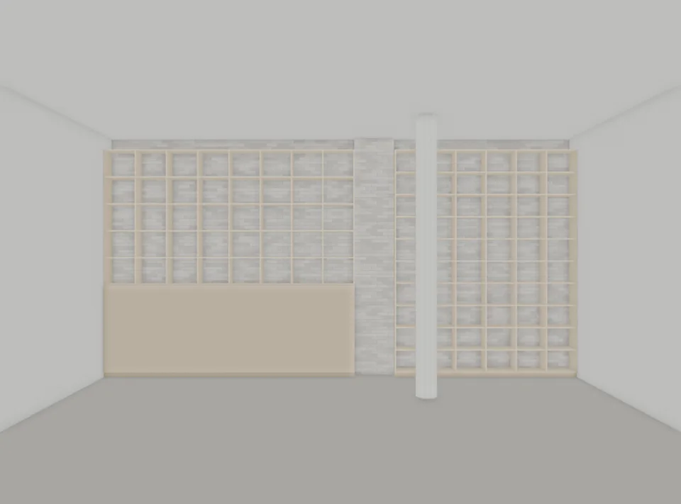 Café library — corrected six-bay full-height grid