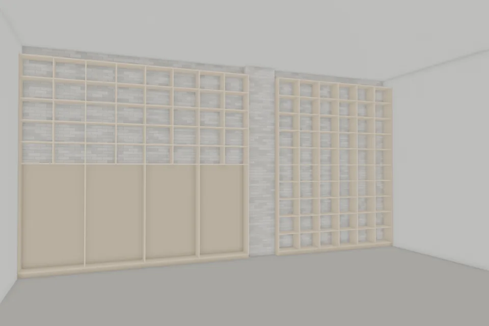 Café library — four recessed lower bays