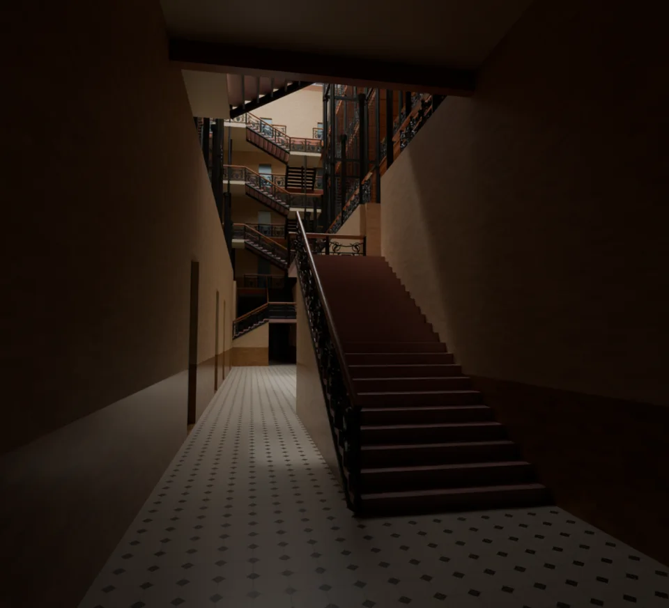 Entrance stair source-matching study — v13 WIP