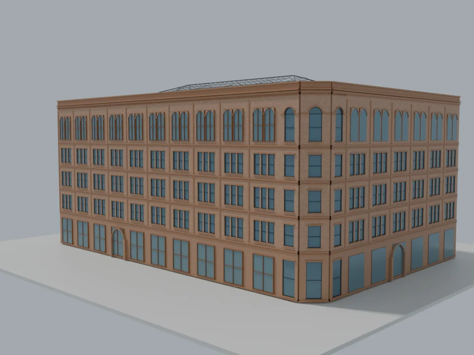 Whole building v5 — chamfered corner WIP
