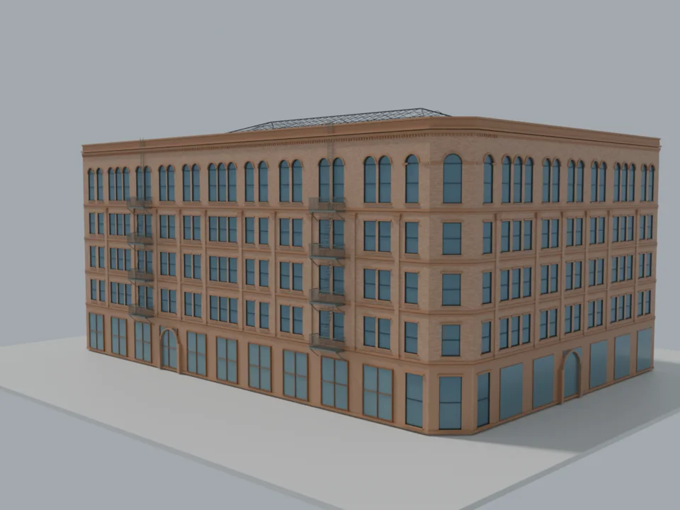 Whole building v10 — window rhythm and escapes WIP