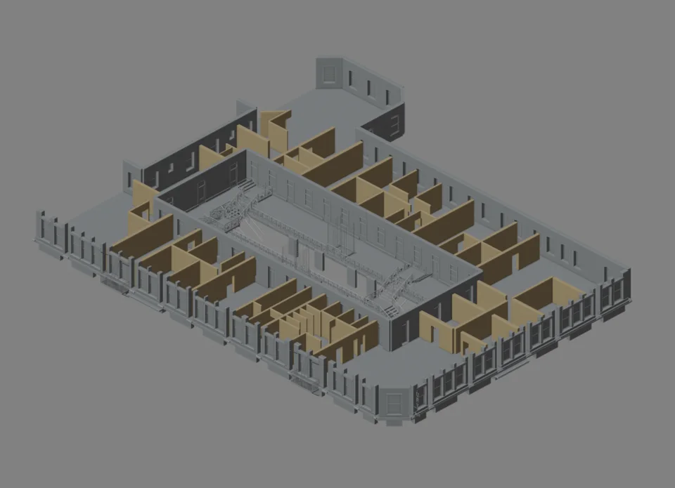 Building cutaway — second-floor partition WIP