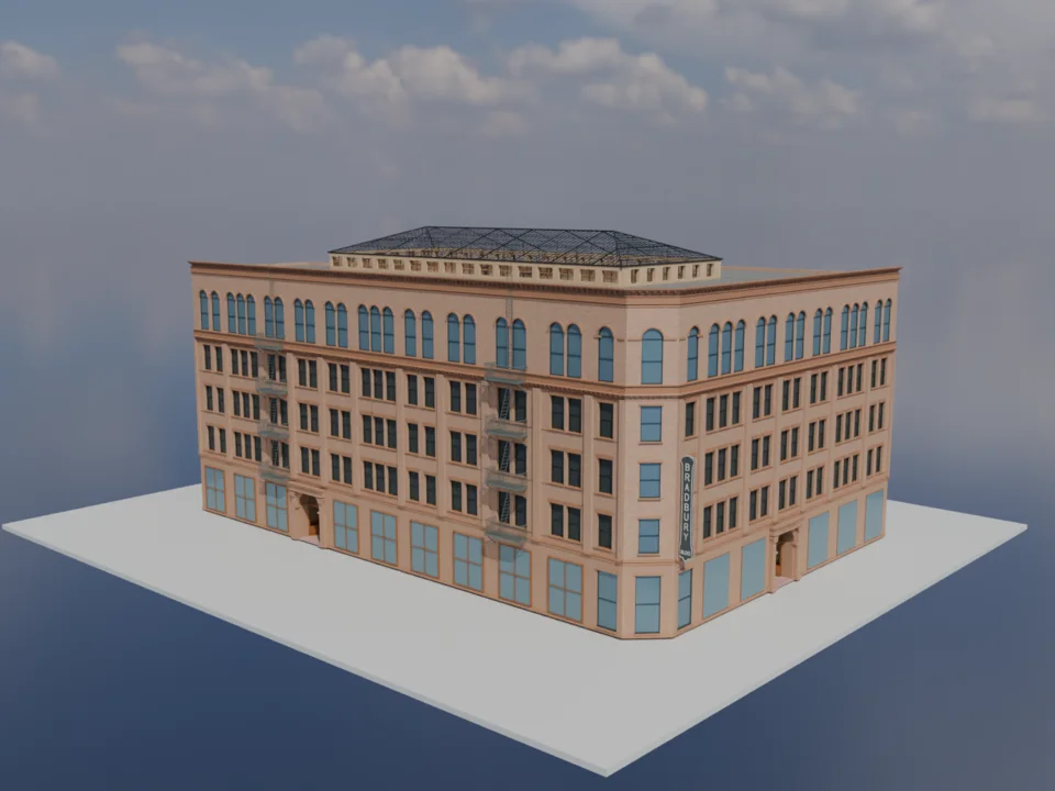 Whole building — cornice depth WIP