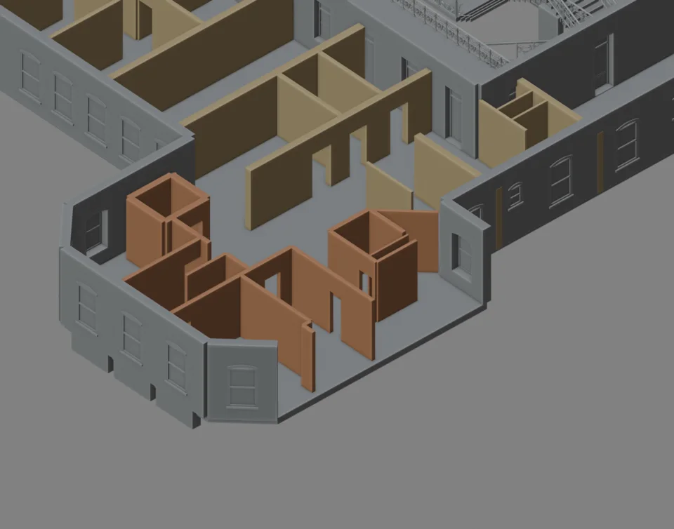 Rear service cutaway — incomplete room architecture WIP