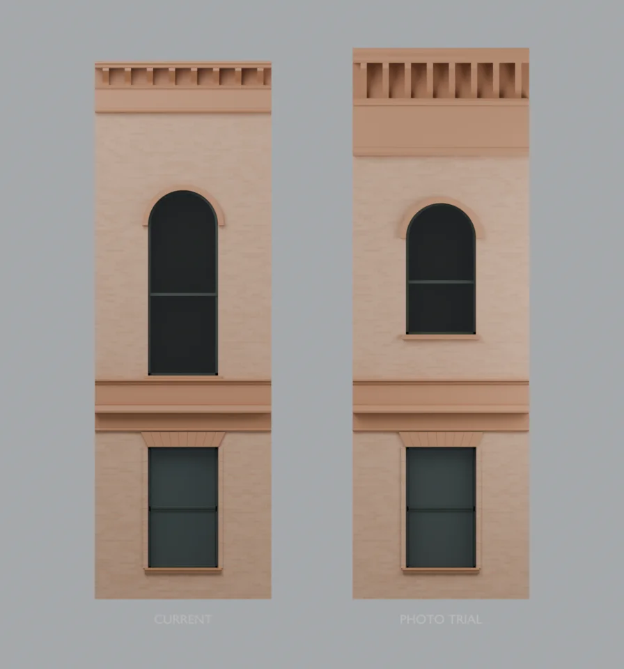 Upper facade — current and photographic proportion trial