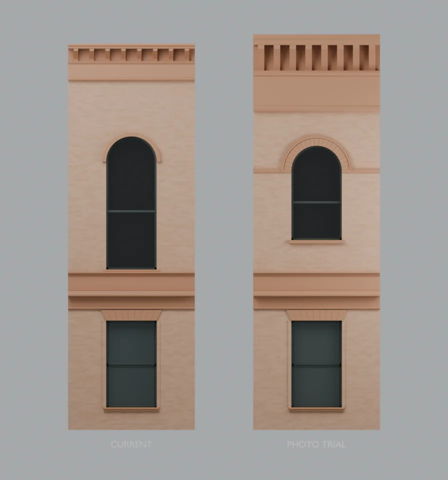 Upper facade — current and photographic proportion trial