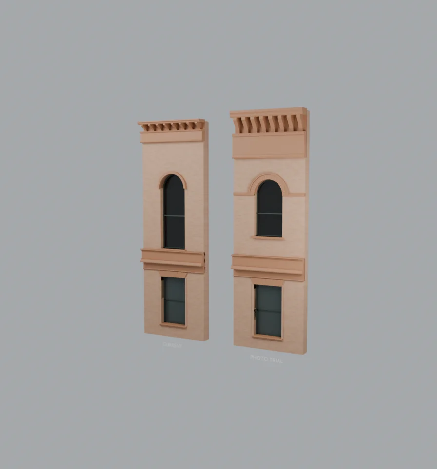 Upper facade — current and photographic proportion trial