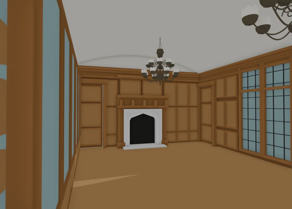 v19 library fireplace and chandelier study
