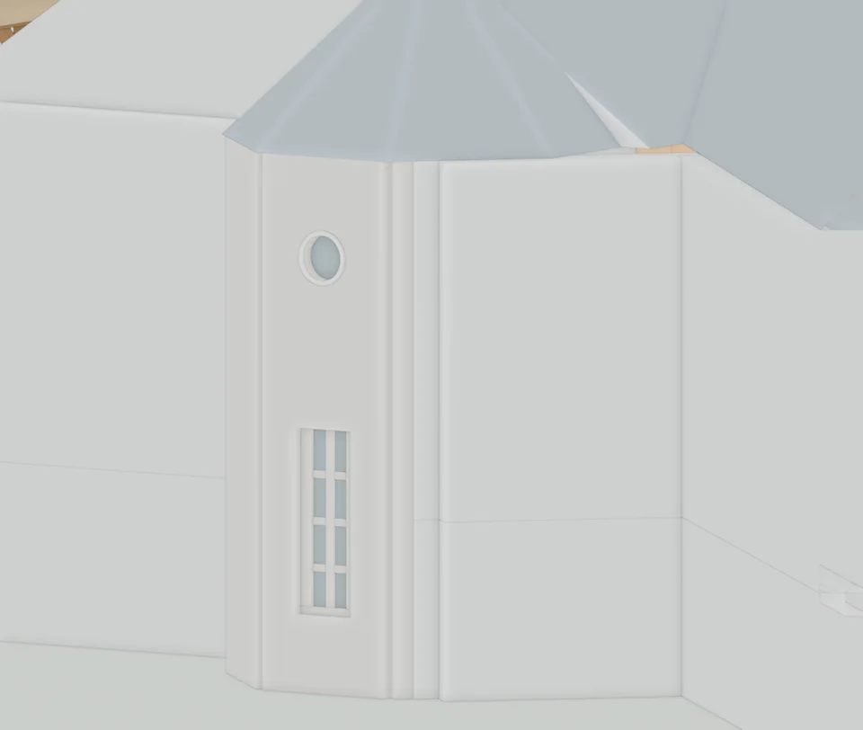 Courtyard tower · visible facet defect