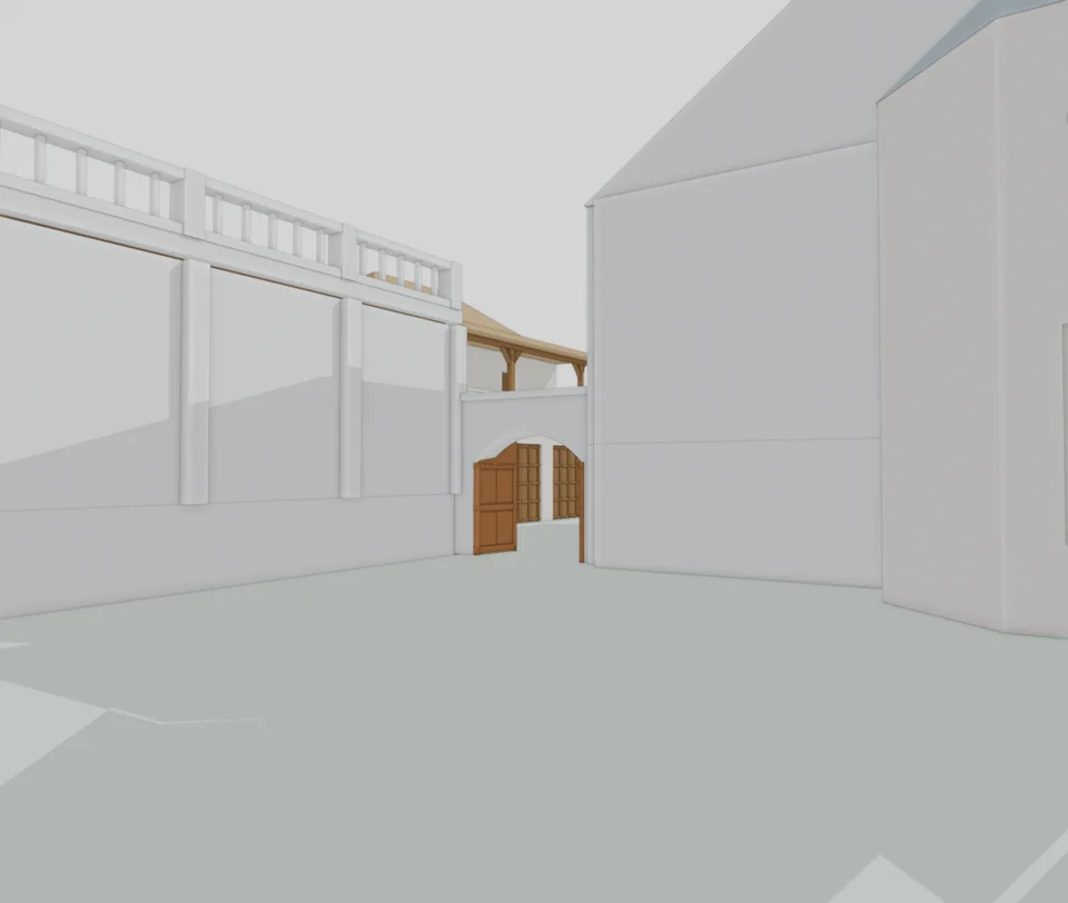 Courtyard · gateway integrated, wider paving unfinished