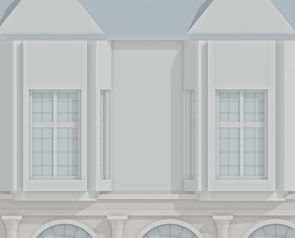 Upper bays · stone transom and visible fine leading