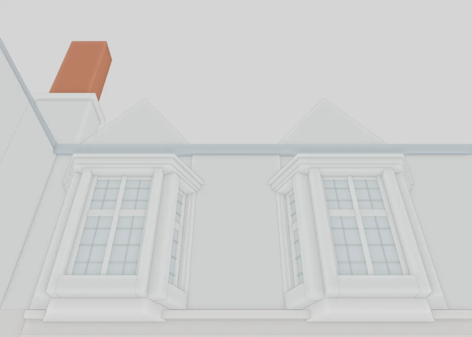 Oriel caps · ground-level perspective